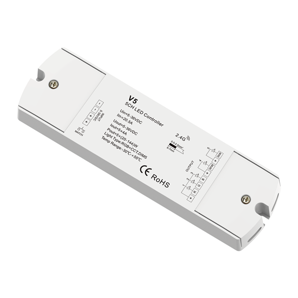 5CH 4A Constant Voltage RF 2.4G Receiver V5 RGB+WW/NW controller, match RGB+CCT remoter For led lights strips 5CH 4A Constant Voltage RF 2.4G Receiver V5 RGB+WW/NW controller, match RGB+CCT remoter For led lights strips